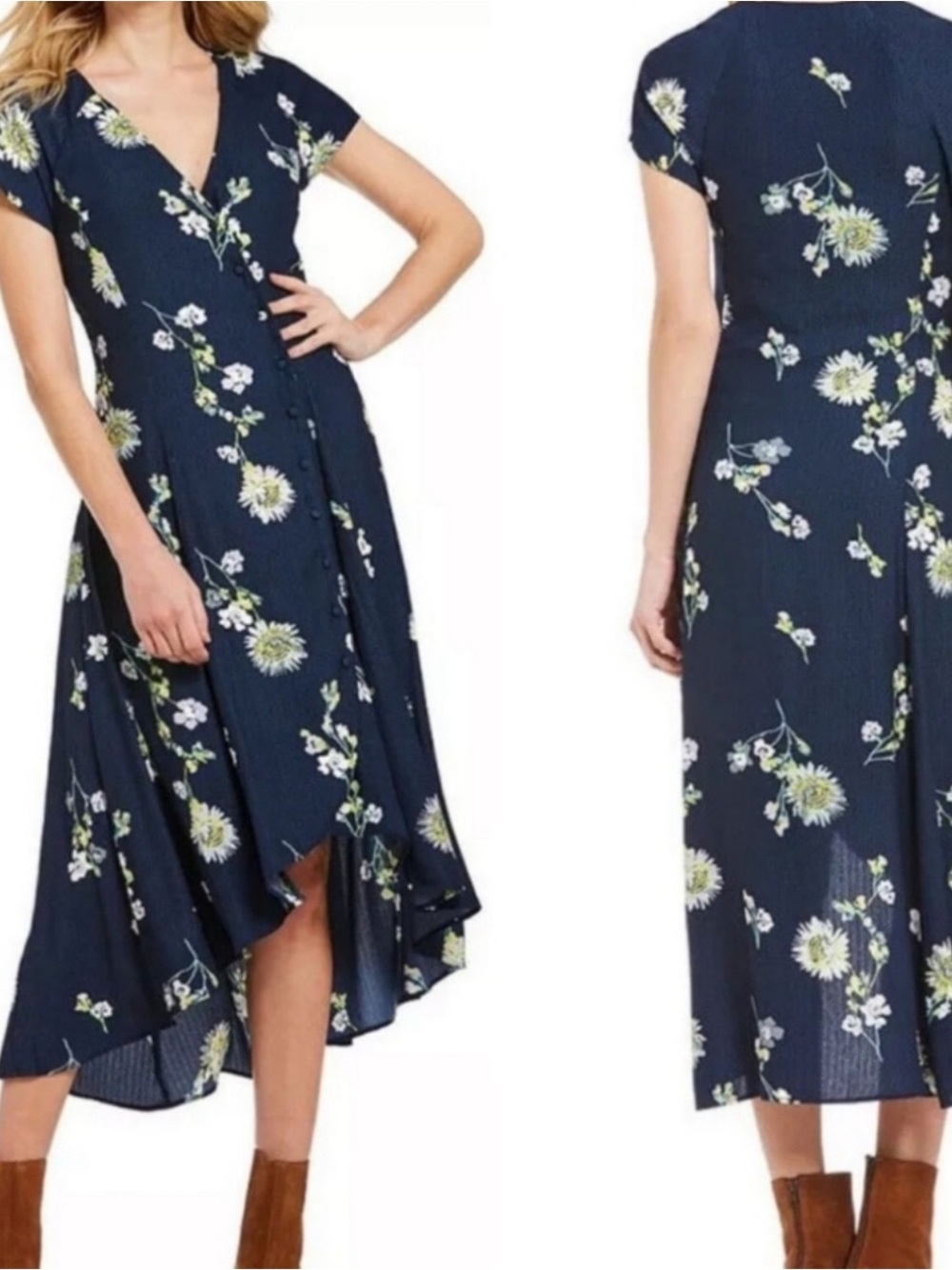 Free People Lost In You Boho Hi-Lo Navy Floral Button-Front Dress M